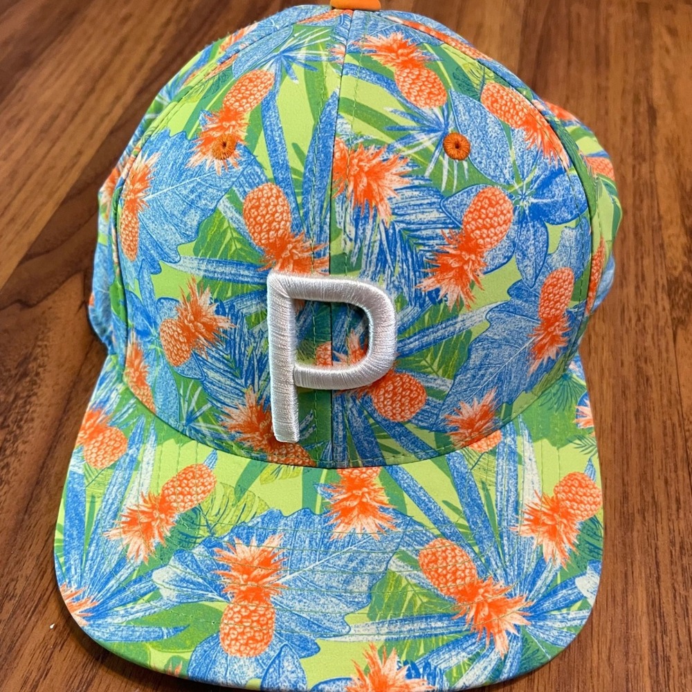 Puma Golf Hat Mens OSFA Tropical Pineapple Floral Snapback P Logo Green Orange